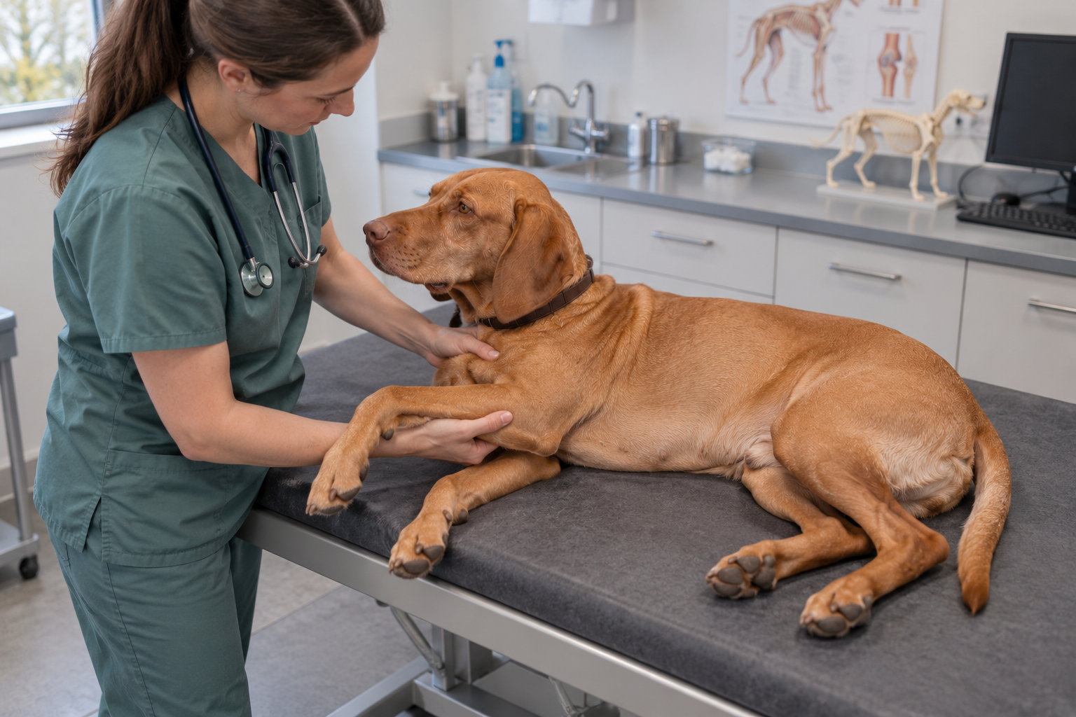 Veterinárka šetrne vyšetruje zranenú prednú končatinu psa